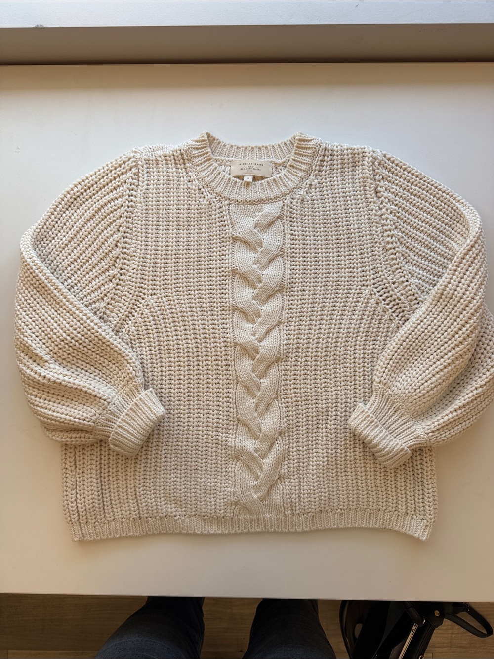 Sezane Ivory Cable-Center Crewneck Sweater
